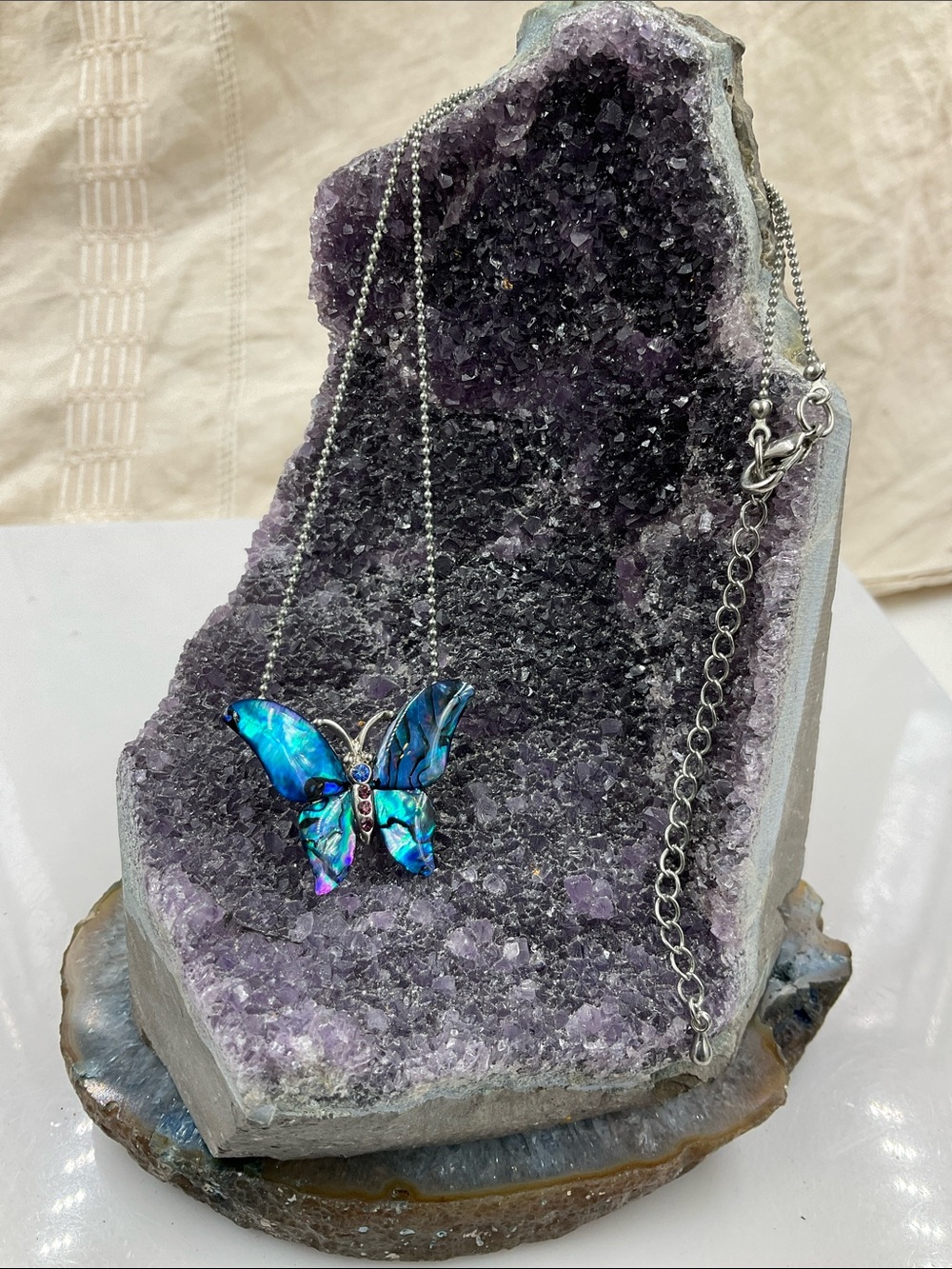18”Silver Necklace With Abalone Shell Blue Iridescent Butterfly Pendant - Picture 5 of 9